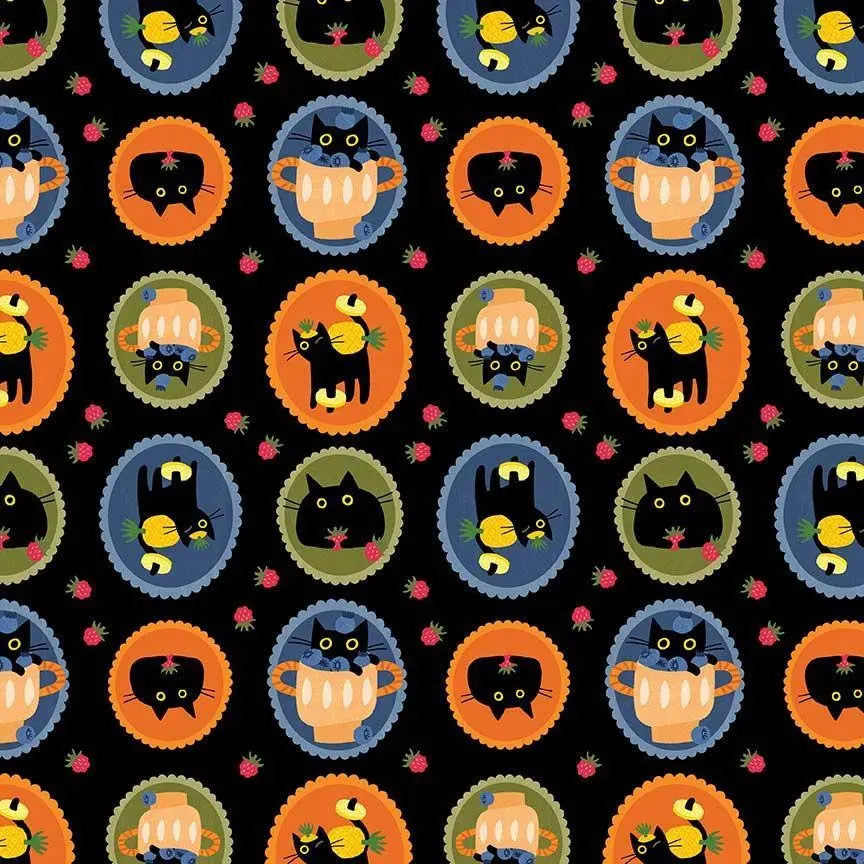 Purrfect Pawfait Oil Cotton Fabric | Dear Stella Cat Fabric | Fruit Cat Quilt Fabric | Black Background Fabric | LEEZAWORKS