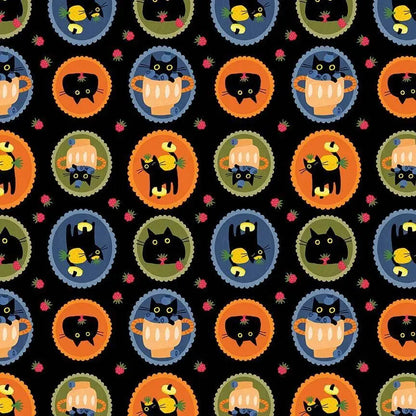 Purrfect Pawfait Oil Cotton Fabric | Dear Stella Cat Fabric | Fruit Cat Quilt Fabric | Black Background Fabric | LEEZAWORKS