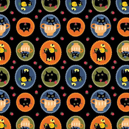 Purrfect Pawfait Oil Cotton Fabric | Dear Stella Cat Fabric | Fruit Cat Quilt Fabric | Black Background Fabric | LEEZAWORKS