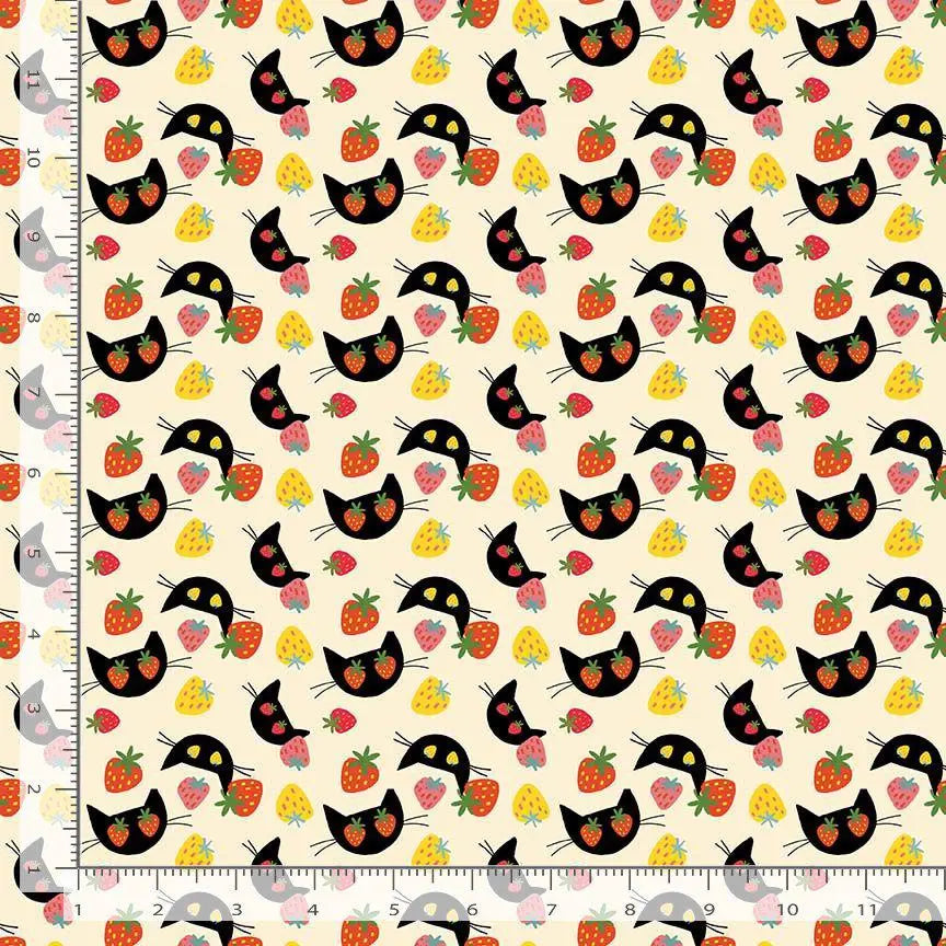 I Pick Mew Vanilla Cotton Fabric | Dear Stella Cat Fabric | Strawberry Cat Quilt Fabric | Furruit Platter | LEEZAWORKS