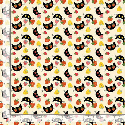 I Pick Mew Vanilla Cotton Fabric | Dear Stella Cat Fabric | Strawberry Cat Quilt Fabric | Furruit Platter | LEEZAWORKS
