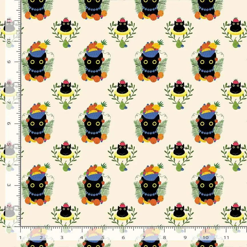 Carmen Purranda Vanilla Cotton Fabric | Dear Stella Cat Fabric | Furruit Platter Quilt Fabric | LEEZAWORKS | Cream Background Fabric
