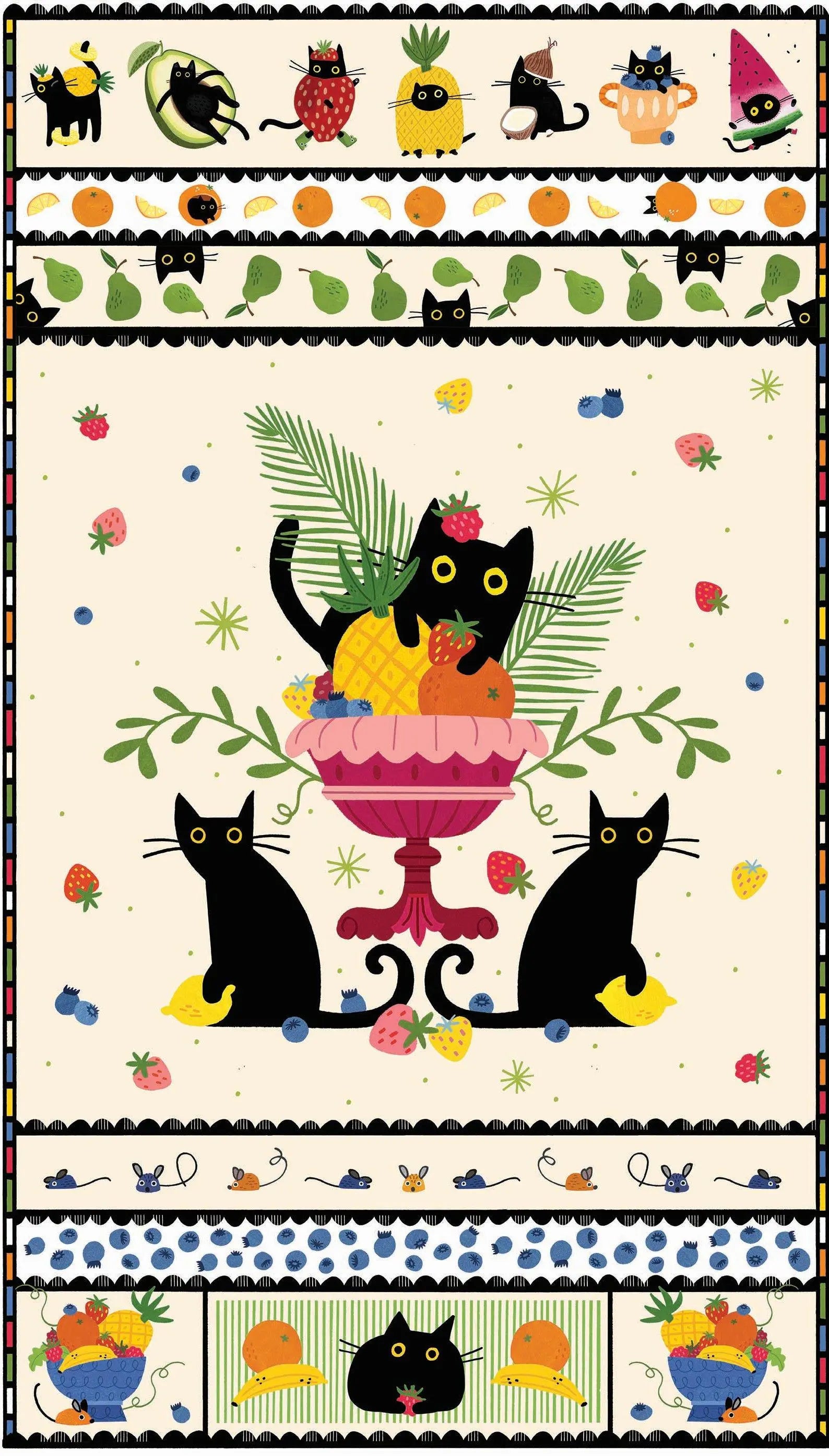 Fruit Platter Cat Panel Fabric | Dear Stella | Leezaworks | 24 Inch Quilt Panel | Cat & Fruit Fabric