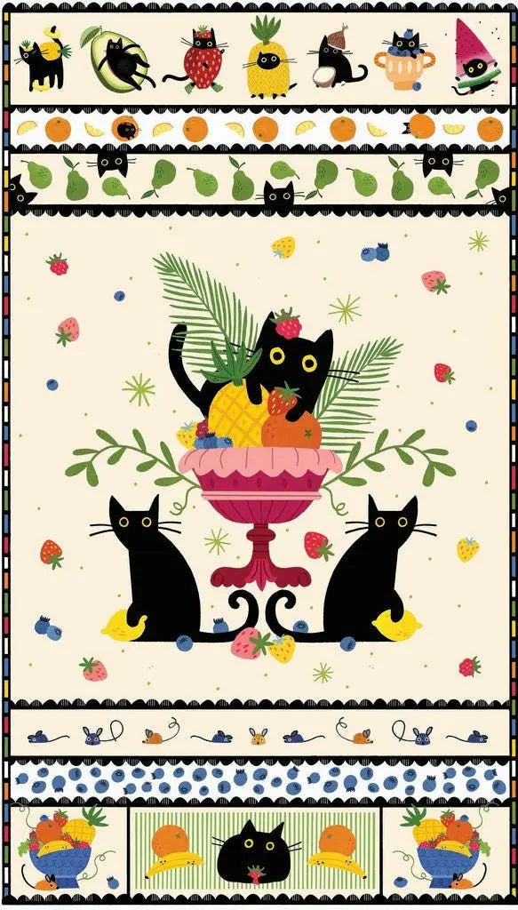 Fruit Platter Cat Panel Fabric | Dear Stella | Leezaworks | 24 Inch Quilt Panel | Cat & Fruit Fabric