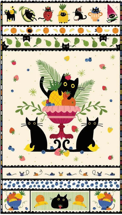 Fruit Platter Cat Panel Fabric | Dear Stella | Leezaworks | 24 Inch Quilt Panel | Cat & Fruit Fabric