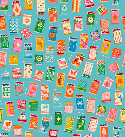 Ruby Star Society Trinketry Matchmaker Turquoise Fabric | Melody Miller Matchbook Novelty Print | Quilting Cotton Half Yard or Yard