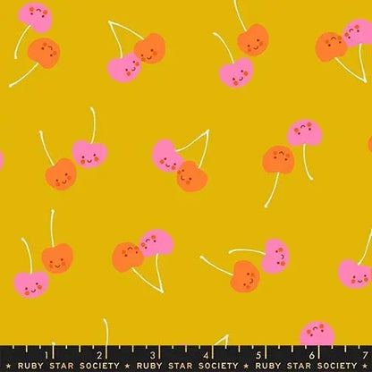 Ruby Star Society Trinketry Cherry Friends Goldenrod Fabric | Melody Miller Cute Cherry Print | Quilting Cotton Half Yard or Yard