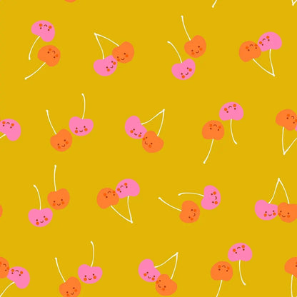 Ruby Star Society Trinketry Cherry Friends Goldenrod Fabric | Melody Miller Cute Cherry Print | Quilting Cotton Half Yard or Yard