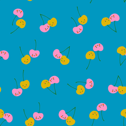 Ruby Star Society Trinketry Cherry Friends Bright Blue Fabric | Melody Miller Cute Cherry Print | Quilting Cotton Half Yard or Yard