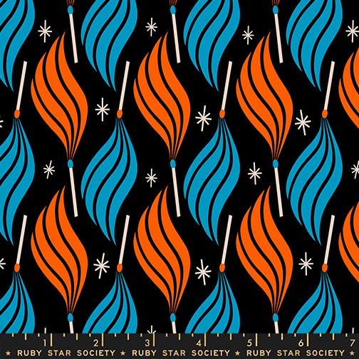 Ruby Star Society Trinketry Lit Black Fabric | Melody Miller Retro Match Flame Print | Quilting Cotton Half Yard or Yard