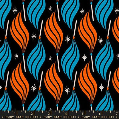 Ruby Star Society Trinketry Lit Black Fabric | Melody Miller Retro Match Flame Print | Quilting Cotton Half Yard or Yard