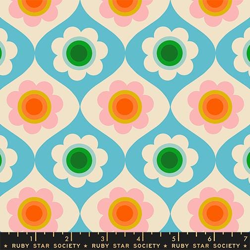 Ruby Star Society Trinketry Floral Turquoise Fabric | Melody Miller Retro Flower Print | Quilting Cotton Half Yard or Yard
