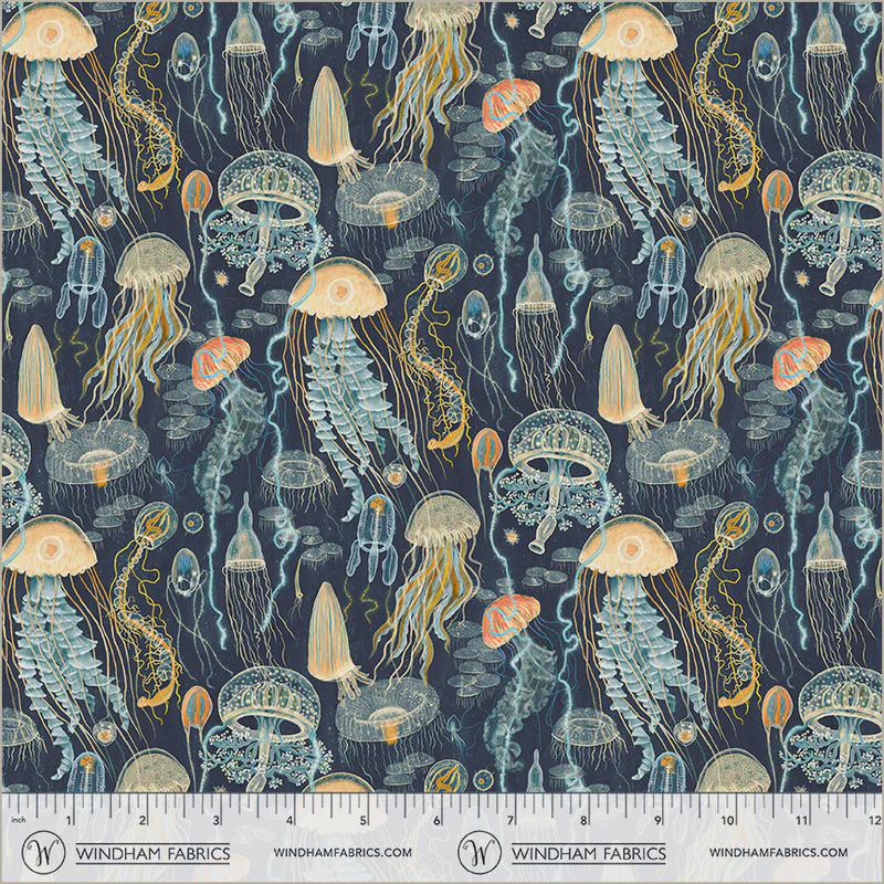 Jellyfish Field Deep Blue Fabric | Windham Fabrics Deep Blue by Katherine Quinn | Ocean Jellyfish Cotton Fabric by the Yard
