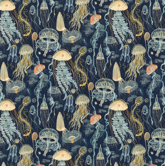 Jellyfish Field Deep Blue Fabric | Windham Fabrics Deep Blue by Katherine Quinn | Ocean Jellyfish Cotton Fabric by the Yard