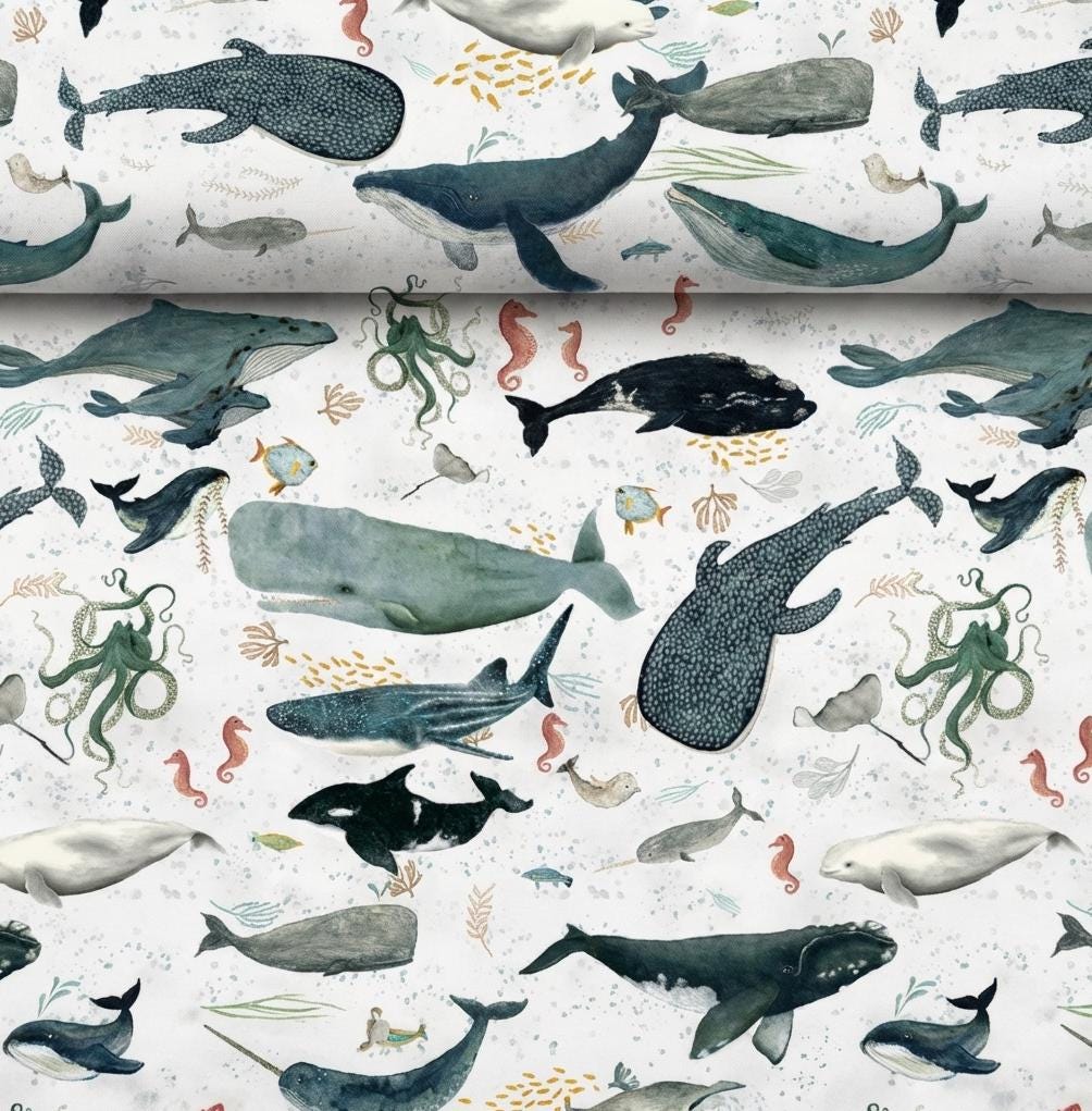 Ocean Animal Fabric Cream | Whale Dolphin Sea Life Fabric by Katherine Quinn Windham | Creatures of the Sea Cotton Fabric