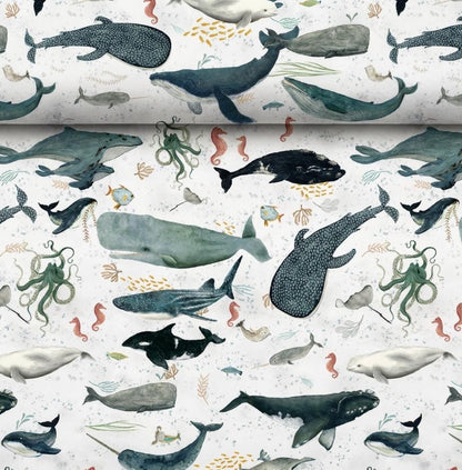 Ocean Animal Fabric Cream | Whale Dolphin Sea Life Fabric by Katherine Quinn Windham | Creatures of the Sea Cotton Fabric