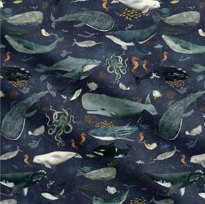 Ocean Animal Fabric Deep Blue | Whale Dolphin Sea Life Fabric by Katherine Quinn Windham | Creatures of the Sea Cotton Fabric