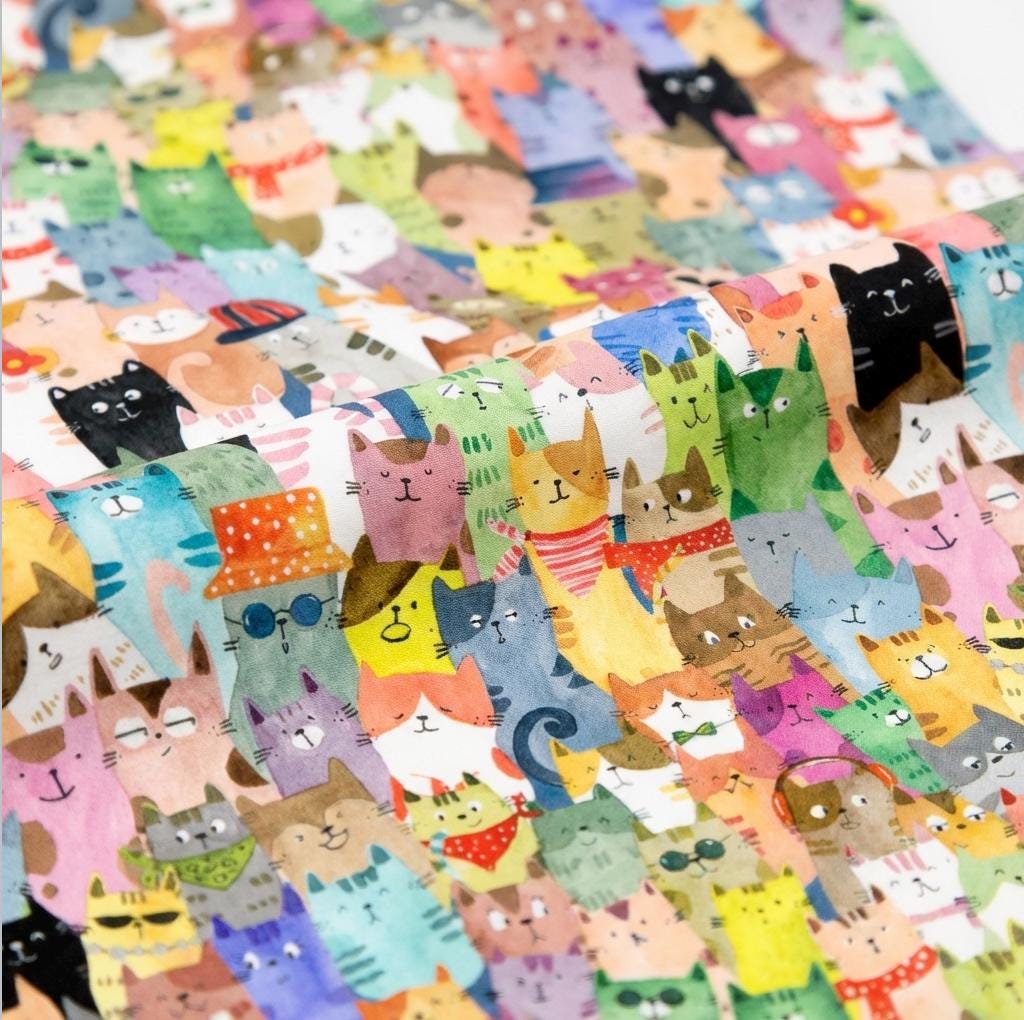 Colorful Cat Fabric Multi | Cats Around Town by Sue Miano Windham Fabrics | Cute Cat Cotton Fabric by the Yard Quilting Fabric