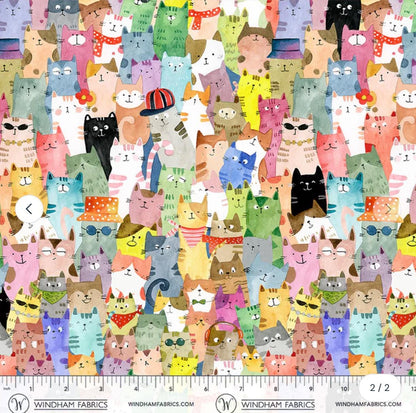 Colorful Cat Fabric Multi | Cats Around Town by Sue Miano Windham Fabrics | Cute Cat Cotton Fabric by the Yard Quilting Fabric
