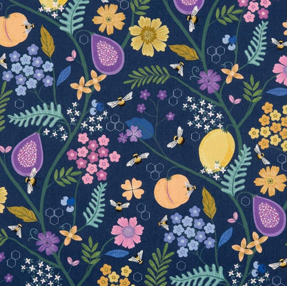 Bee Floral Fabric Indigo | To Bee or Not to Bee by Dear Stella | Honey Bee Cotton Fabric Navy Floral by the Yard
