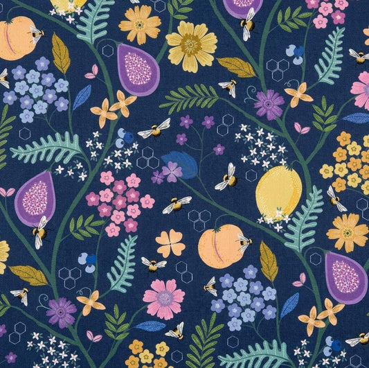 Bee Floral Fabric Indigo | To Bee or Not to Bee by Dear Stella | Honey Bee Cotton Fabric Navy Floral by the Yard