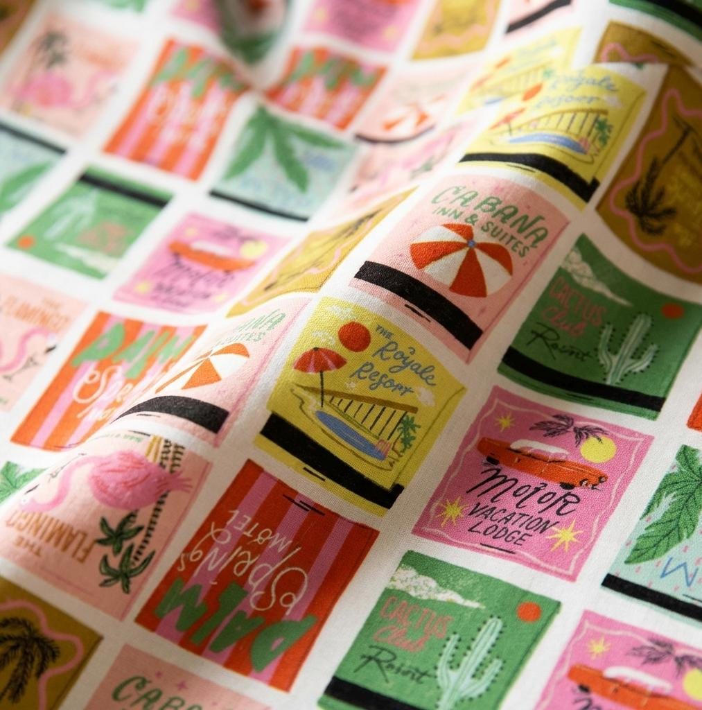 Retro Motel Fabric Multi | Paradise Royale by Faye Guanipa Dear Stella | Palm Springs Vacation Cotton Fabric Flamingo Travel Fabric