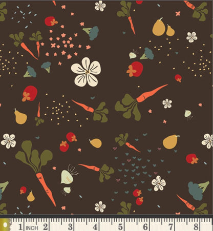 Market Medley Fabric Brown Farm Print | Summer Homestead by Sewcial Bee Collective | Art Gallery Fabrics Vegetable Floral Cotton Fabric