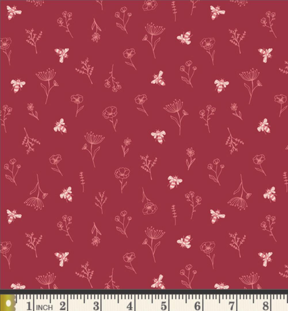 Pollinator Patch Fabric Red Floral Bee Print | Summer Homestead by Sewcial Bee Collective | Art Gallery Fabrics Cotton Fabric