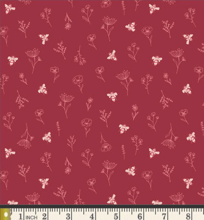 Pollinator Patch Fabric Red Floral Bee Print | Summer Homestead by Sewcial Bee Collective | Art Gallery Fabrics Cotton Fabric