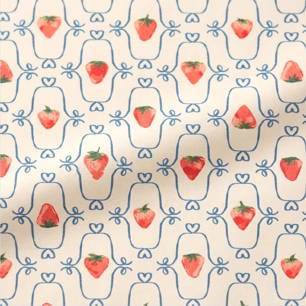 Berry Blossom Fabric Strawberry Floral Blue Lattice | Summer Homestead by Sewcial Bee Collective | Art Gallery Fabrics Cotton Fabric