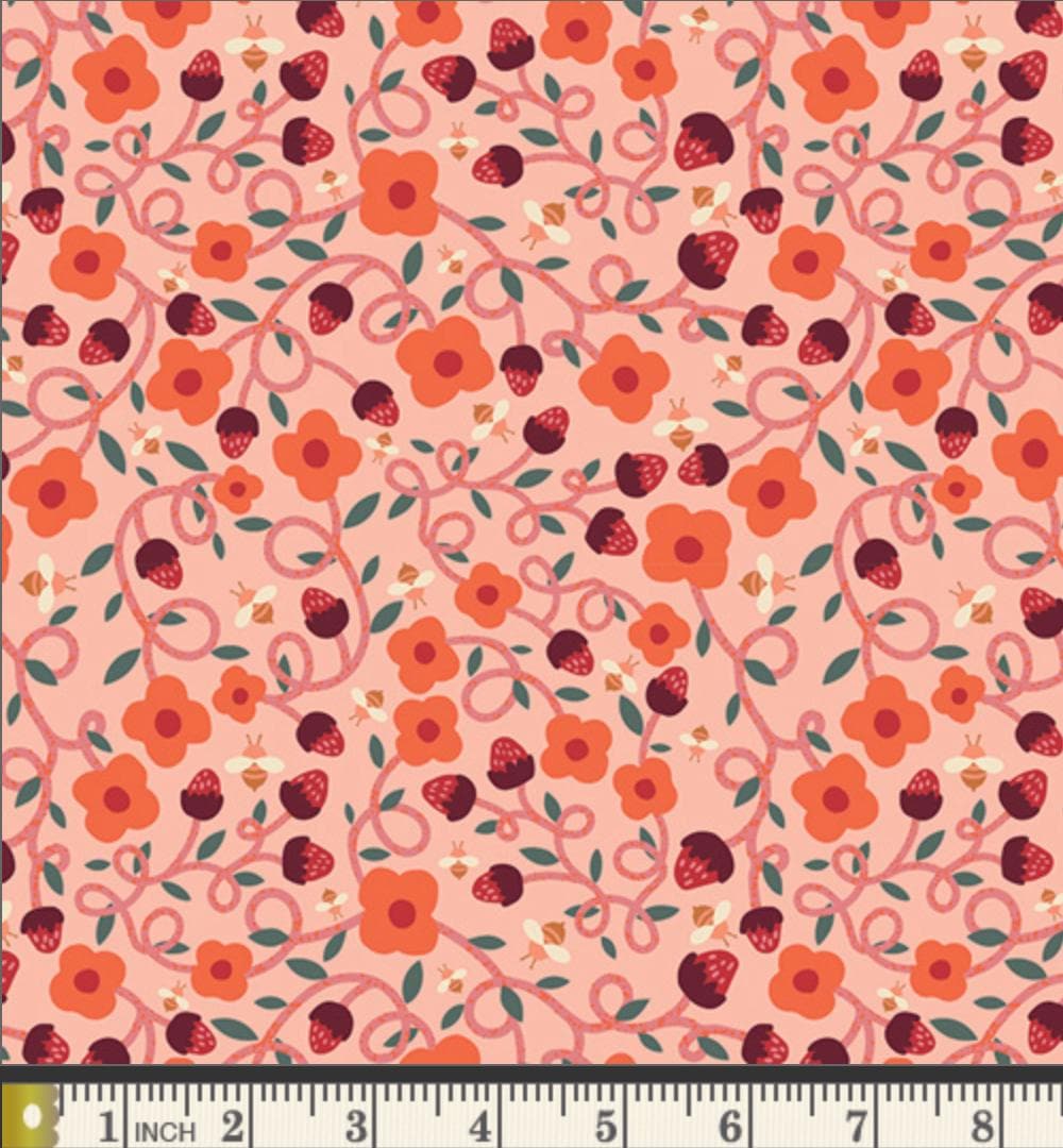 Vibrant Vines Fabric Strawberry Floral Vine Print | Summer Homestead by Sewcial Bee Collective | Art Gallery Fabrics Cotton Fabric