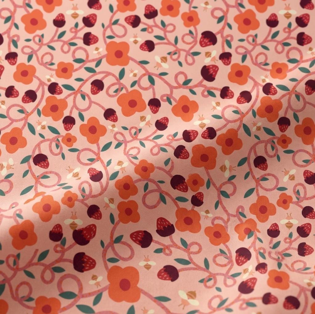 Vibrant Vines Fabric Strawberry Floral Vine Print | Summer Homestead by Sewcial Bee Collective | Art Gallery Fabrics Cotton Fabric