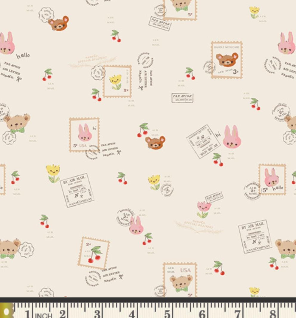 Air Mail Cotton Fabric by Art Gallery Fabrics | Minimo by Amy Sinibaldi | Cute Bunny Bear Cherry Print | Quilting Fabric Yardage