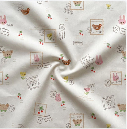 Air Mail Cotton Fabric by Art Gallery Fabrics | Minimo by Amy Sinibaldi | Cute Bunny Bear Cherry Print | Quilting Fabric Yardage