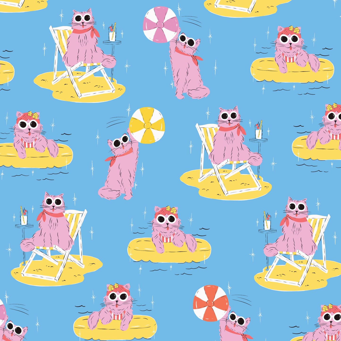 Poolside Purrfection Fabric Bundle – 5 Piece Fat Quarter or Half Yard Bundle | Cloud9 Fabrics | Krissy Mast Quilting Cotton