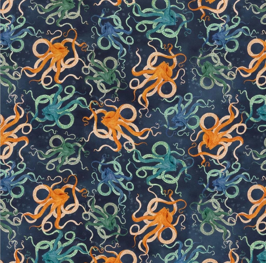 Octopus Fabric Deep Blue | Ocean Octopus Cotton Fabric by Katherine Quinn Windham | Quilting Fabric by the Yard