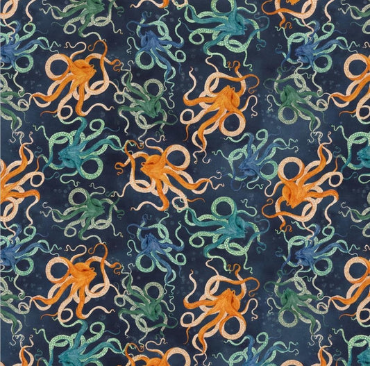 Octopus Fabric Deep Blue | Ocean Octopus Cotton Fabric by Katherine Quinn Windham | Quilting Fabric by the Yard