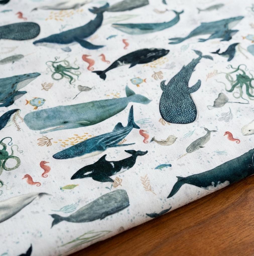 Ocean Animal Fabric Cream | Whale Dolphin Sea Life Fabric by Katherine Quinn Windham | Creatures of the Sea Cotton Fabric