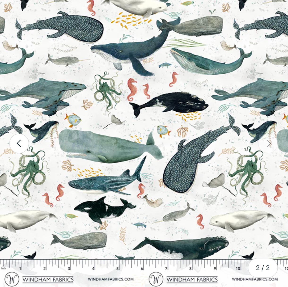 Ocean Animal Fabric Cream | Whale Dolphin Sea Life Fabric by Katherine Quinn Windham | Creatures of the Sea Cotton Fabric