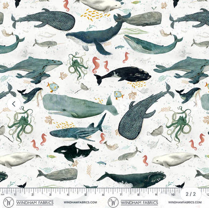 Ocean Animal Fabric Cream | Whale Dolphin Sea Life Fabric by Katherine Quinn Windham | Creatures of the Sea Cotton Fabric