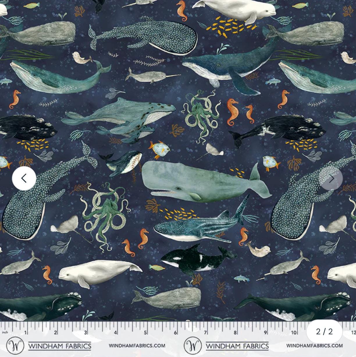 Ocean Animal Fabric Deep Blue | Whale Dolphin Sea Life Fabric by Katherine Quinn Windham | Creatures of the Sea Cotton Fabric