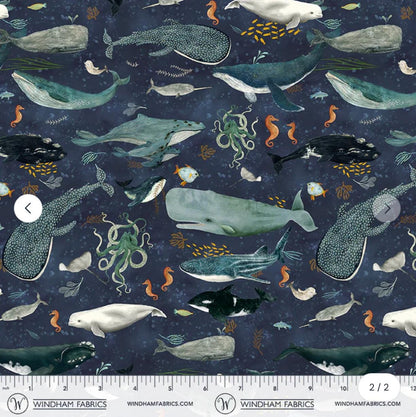 Ocean Animal Fabric Deep Blue | Whale Dolphin Sea Life Fabric by Katherine Quinn Windham | Creatures of the Sea Cotton Fabric