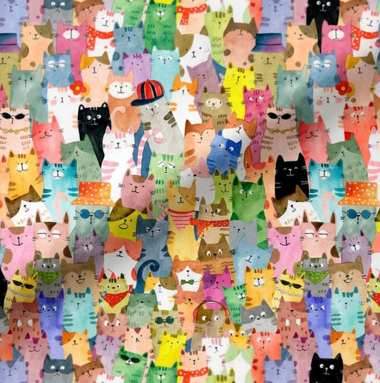 Colorful Cat Fabric Multi | Cats Around Town by Sue Miano Windham Fabrics | Cute Cat Cotton Fabric by the Yard Quilting Fabric