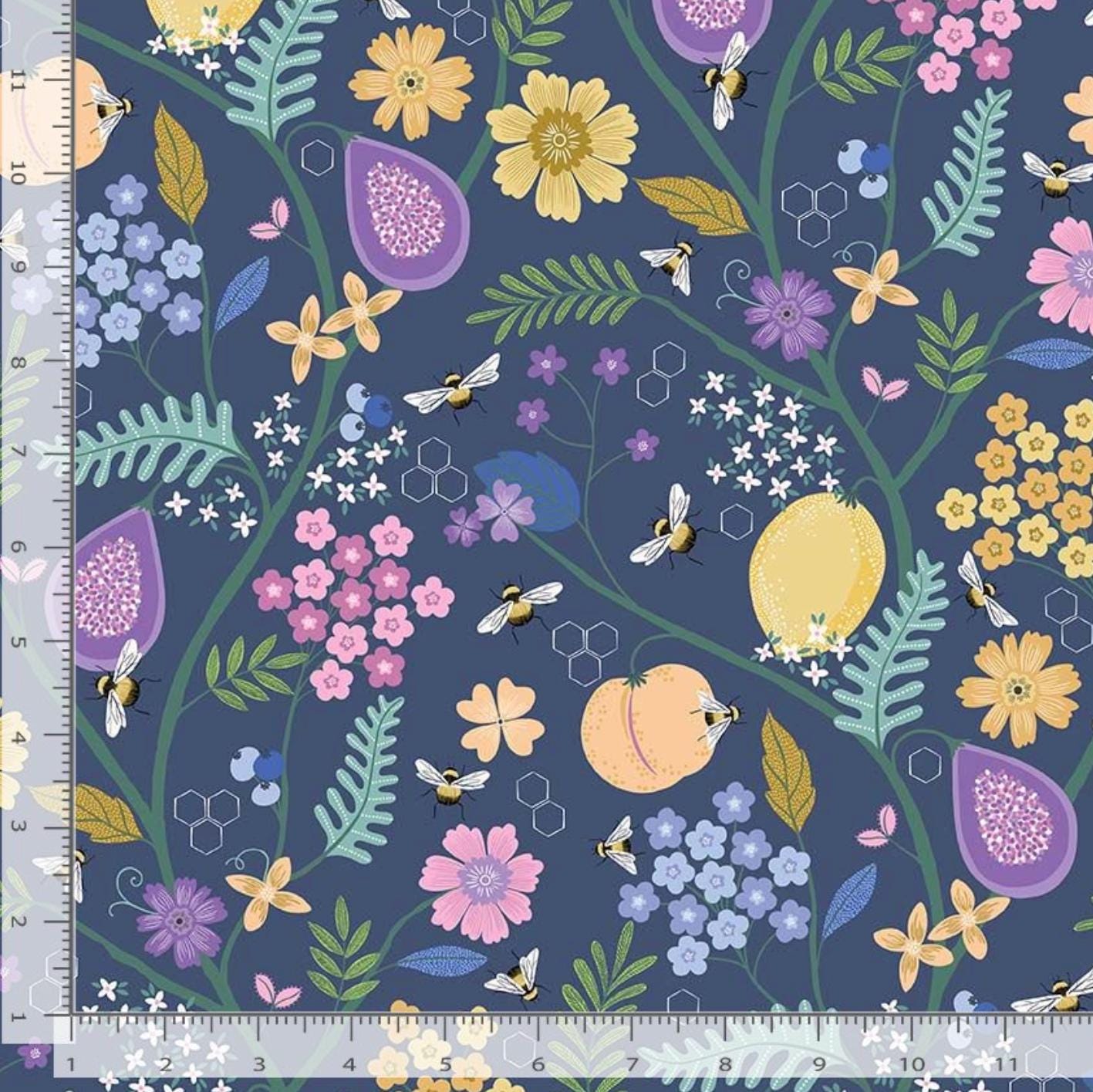 Bee Floral Fabric Indigo | To Bee or Not to Bee by Dear Stella | Honey Bee Cotton Fabric Navy Floral by the Yard