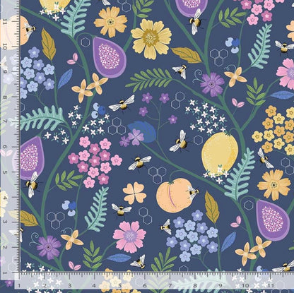 Bee Floral Fabric Indigo | To Bee or Not to Bee by Dear Stella | Honey Bee Cotton Fabric Navy Floral by the Yard