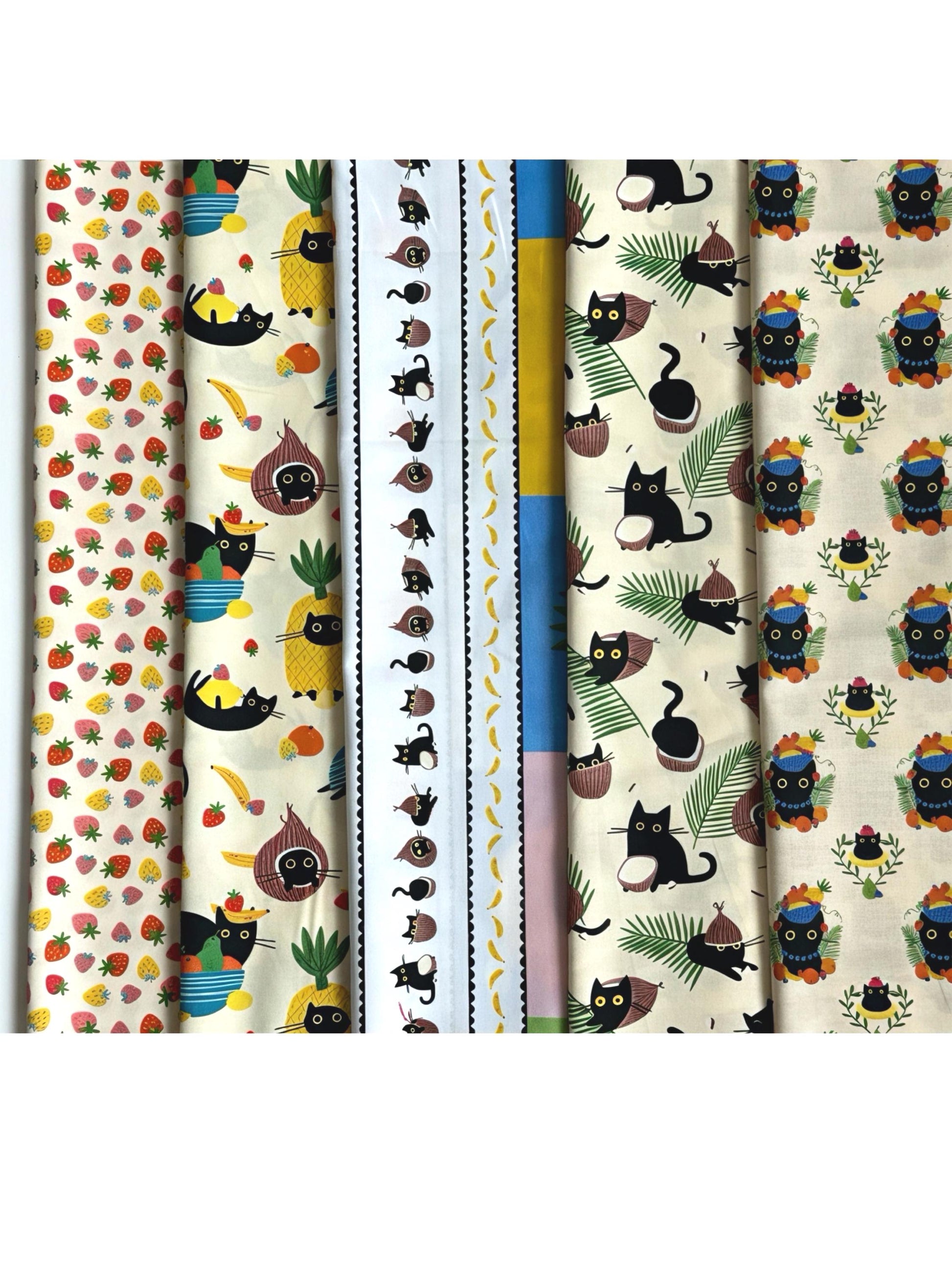 Strawberry Cream Cat Fabric Bundle – Soft Pink Cream Quilting Cotton – Cute Cat Floral Fruit Bundle – 5 Piece Set