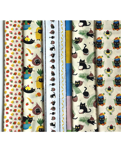 Strawberry Cream Cat Fabric Bundle – Soft Pink Cream Quilting Cotton – Cute Cat Floral Fruit Bundle – 5 Piece Set