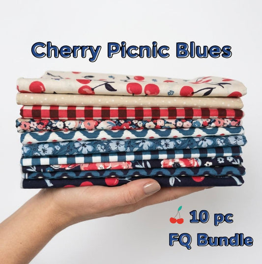 Cherry Picnic Blues Fat Quarter Bundle – 10pc Curated Set (Includes Both Cherry Prints)