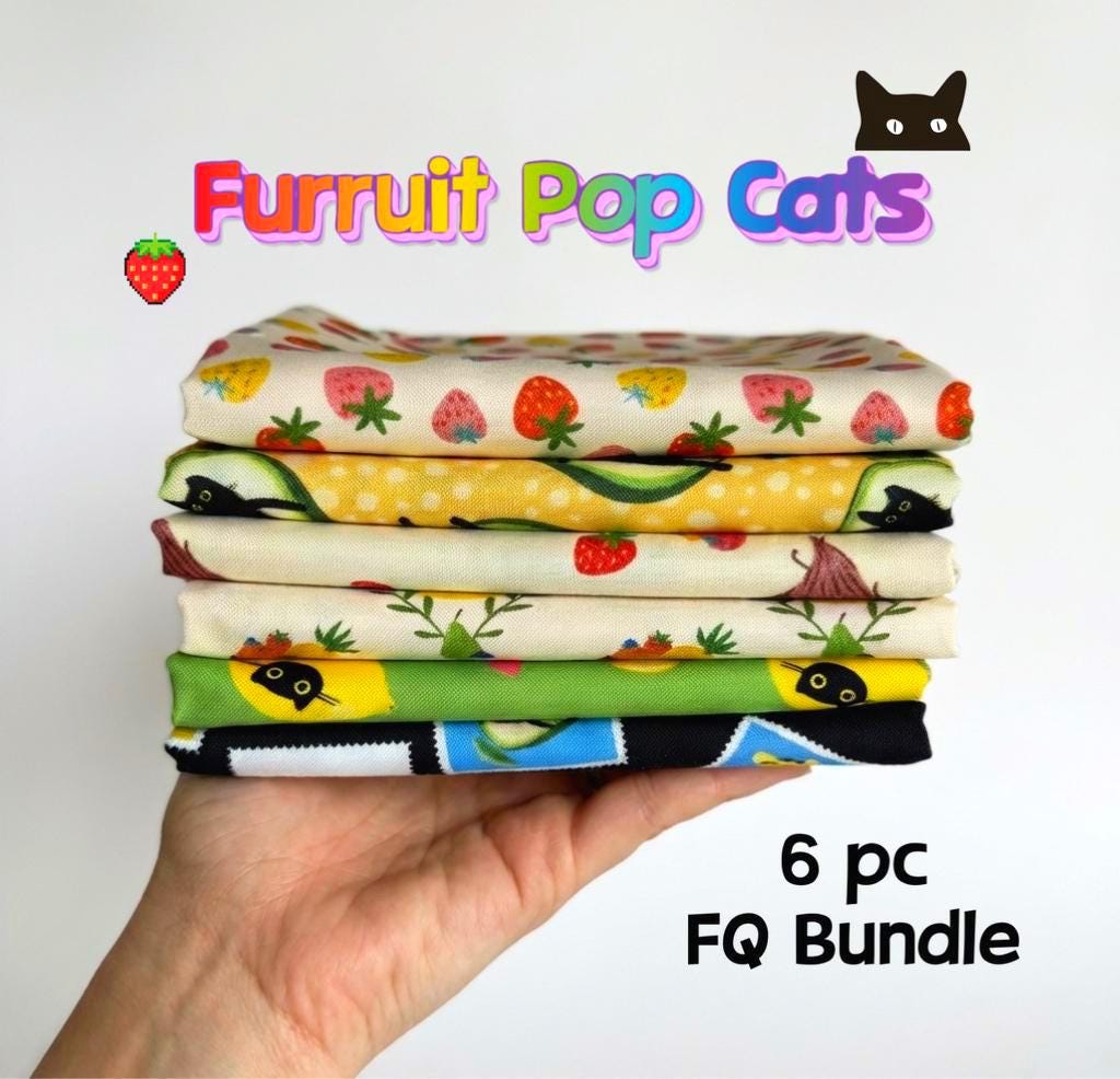Furruit Pop Cats Fat Quarter Bundle – Cute Cat Fruit Fabric Set – Strawberry Pineapple Cotton Quilting Bundle – 6 Piece