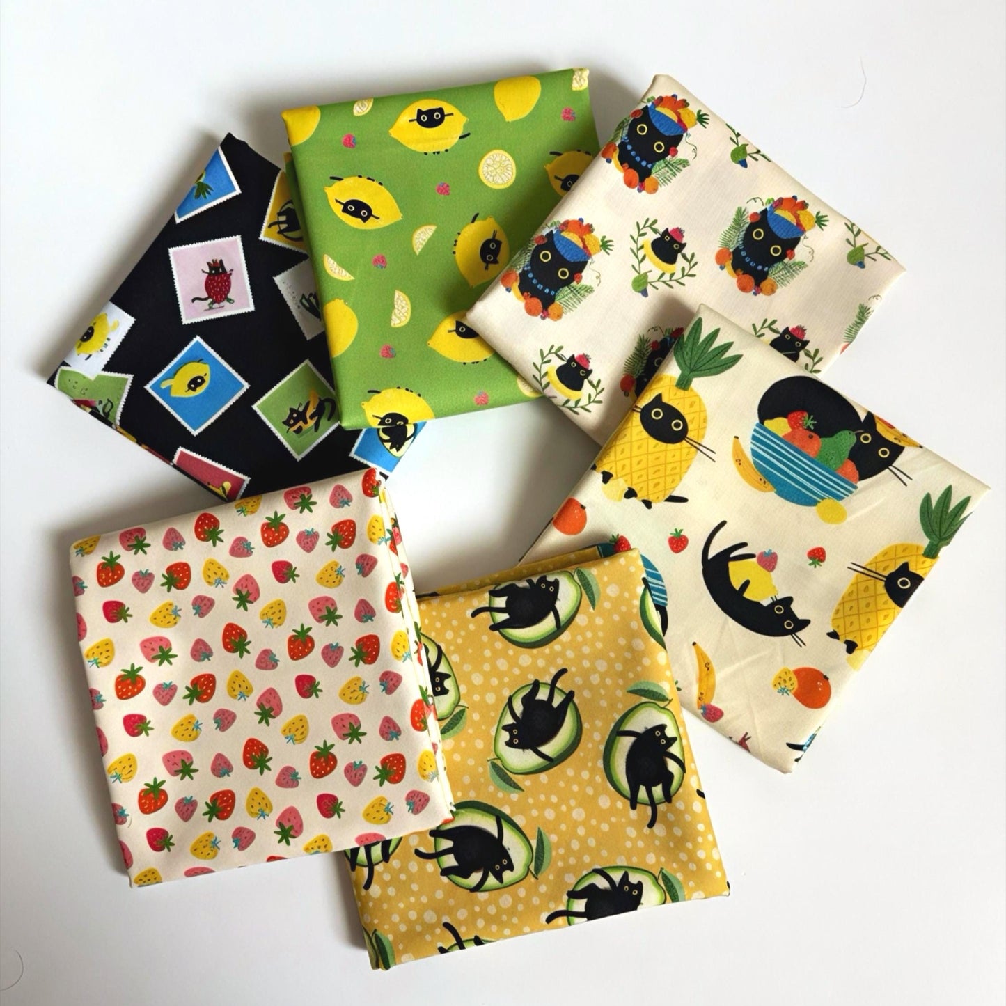 Furruit Pop Cats Fat Quarter Bundle – Cute Cat Fruit Fabric Set – Strawberry Pineapple Cotton Quilting Bundle – 6 Piece